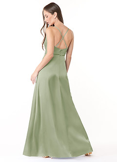 Azazie Naomie Bridesmaid Dresses Dusty Sage A-Line Cowl Neckline Side Slit Stretch Satin Dress image2