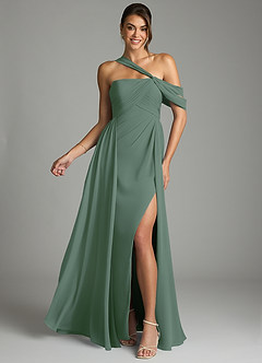 Azazie Kassandra Robes de demoiselle d'honneur Robe Trapèze en Mousseline de soie Épaule décolletée Eucalyptus image1