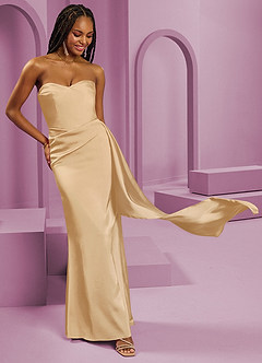 Barbie ♥ Azazie Jurken voor bruidsmeisjes Converteerbaar Jurk van Stretch Satijn met Kolom Strapless Goud image12