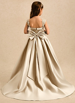 Azazie Genie Flower Girl Dresses Champagne Ball-Gown Off the Shoulder Matte Satin Dress image2