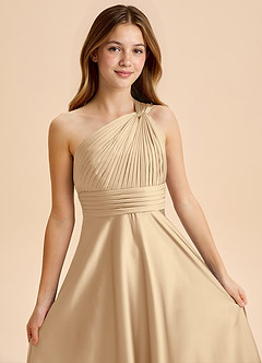 Azazie Charlize Junior A라인 주름진 스트레치 새틴 플로어 길이 주니어 신부 들러리 드레스 image6