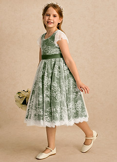 Azazie Maisie Flower Girl Dresses Ivory Olive A-Line Lace Dress image6