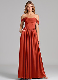 Azazie Raisa 신부 들러리 드레스 A라인 오프 더 숄더 스트레치 새틴 바닥 길이 드레스 image1