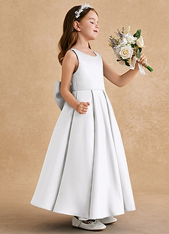 Azazie Honey Bear Flower Girl Dresses White A-Line Pleated Matte Satin Dress image2