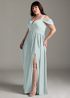 Azazie Lianne Bridesmaid Dresses Mist A-Line Off the Shoulder Stretch Satin Dress image13