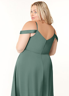 Azazie Ocean Bridesmaid Dresses Eucalyptus A-Line V-Neck Pleated Stretch Satin Dress image11