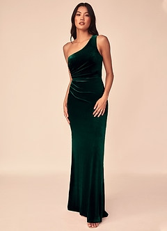 Azazie Argan Bridesmaid Dresses Emerald A-Line One Shoulder Pleated Velvet Dress image4