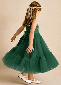 Azazie Miracle Blumenmädchenkleider A-Linie Schleifen Matte Satin Kleid Dunkelgrün image5