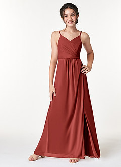 Azazie Luxy Junior Terracotta Pleated Mesh Dress image3