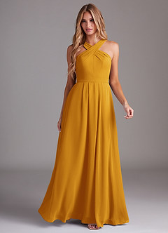 Azazie Dixie Bridesmaid Dresses Butterscotch A-Line Halter Pleated Chiffon Dress image3