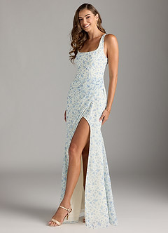 Azazie Mero Bridesmaid Dresses Blue And White Ditsy Floral Sheath Pleated Chiffon Dress image4
