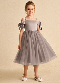 Azazie Amie Flower Girl Dresses Taupe A-Line Off the Shoulder Matte Satin Dress image5