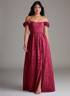 Azazie Autumn Bridesmaid Dresses Burgundy A-Line Off the Shoulder Floral Burnout Convertible Dress image1