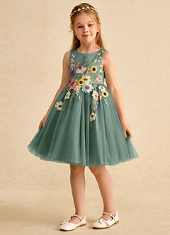 Azazie Prima Blumenmädchenkleider A-Linie Schleifen Tüll Kleid Eukalyptus image5