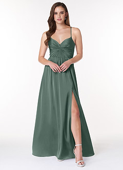 Azazie Raya Bridesmaid Dresses Sea Moss A-Line V-Neck Pleated Stretch Satin Dress image1