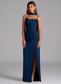 Azazie Calandra Robes de demoiselle d'honneur Robe Trapèze en Satin extensible Plissée Bleu Marine Foncé image4
