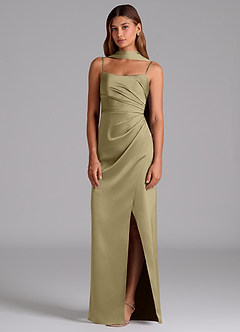Azazie Calandra Bridesmaid Dresses Moss Green A-Line Pleated Stretch Satin Dress image3