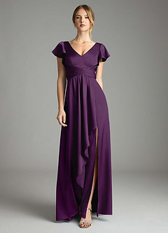 Azazie Omari Bridesmaid Dresses Grape A-Line Stretch Satin Dress image3