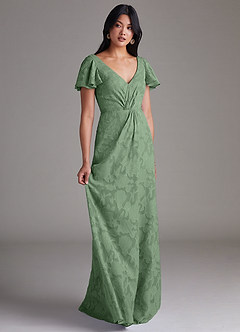 Azazie Soren Bridesmaid Dresses Eucalyptus A-Line Pleated Floral Burnout Dress image2