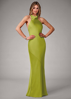 Azazie Velli Bridesmaid Dresses Lemongrass Mermaid High Neck Stretch Satin Dress image1