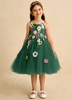 Azazie Osea Flower Girl Dresses Dark Green Ball-Gown Pleated Tulle Dress image7