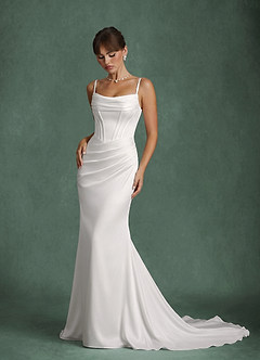 Azazie Sadie Robes de mariée Robe Sirène en Satin extensible Blanc De Diamant image2