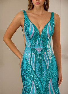 Jade Blue Sequin Satin Side Split Deep V-neck Mermaid Marine Prom Dress image4