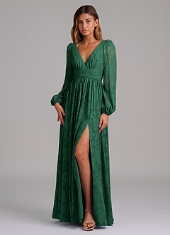 Azazie Norah Vestidos de damas de honor Vestido de Verde Oscuro de Devorado Floral de Corte en A con Manga larga image5