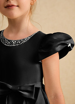 Azazie Pearl Flower Girl Dresses Black Ball-Gown Pleated Matte Satin Dress image6