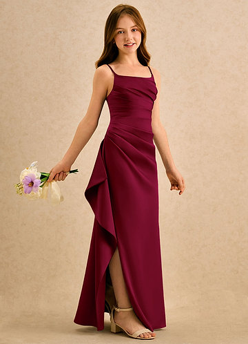 Azazie Cannoli Girls Formal Robes de Fillette d'Honneur Robe Trapèze en Satin extensible Plissée Bourgogne image1