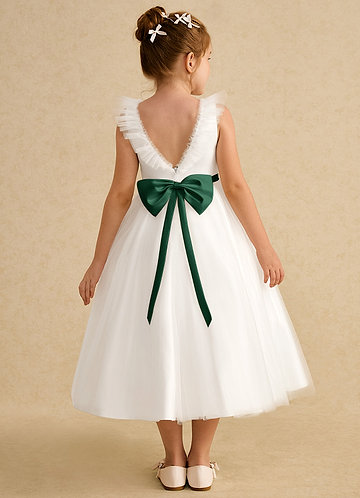 Azazie Amber Flower Girl Dresses Ivory Dark Green A-Line Bow Tulle Dress image1