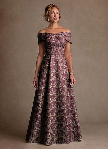 Azazie Harriett Klänningar till brudens mor Klä A-Line i Blommig Jacquard Av axeln Cabernet image1