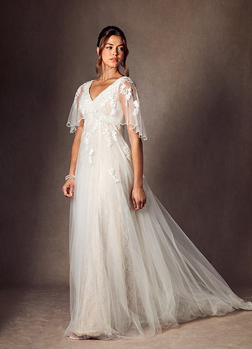 Azazie Renesmee Wedding Dresses Diamond White Champagne A-Line Sequins Tulle Dress image1