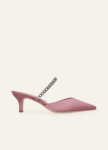 front Dopasowane kolorystycznie, satynowe, wsuwane buty na obcasie typu „kaczuszek” z kryształkami