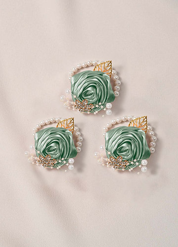 front Ramillete de muñeca para dama de honor de 3 piezas con colores a juego y pulsera de perlas
