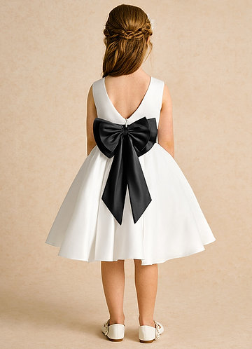 Azazie Sosie Flower Girl Dresses Ivory Black A-Line Pleated Matte Satin Dress image1