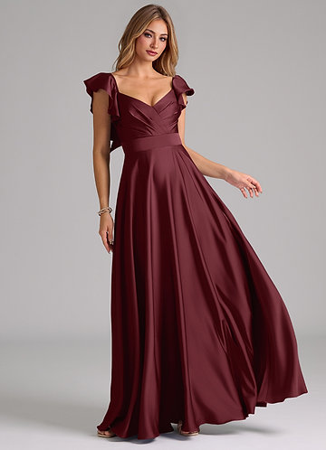 Azazie Leilani Bridesmaid Dresses Vestido Cabernet de Cetim elástico de Linha A com Ruched image1