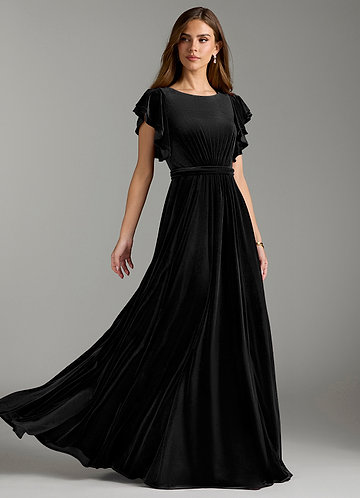 Azazie Daphne Modest Bridesmaid Dresses A-Line Velvet Floor-Length Dress with Belt image1