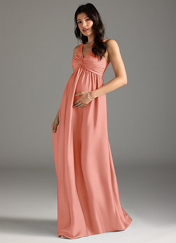 Azazie Yetta Vestidos de dama de honor de maternidad Vestido de Corte en A Plisado Hasta el suelo Satén Elástico image1