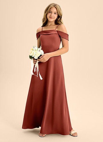 Azazie Anselie Junior Vestido de Terracota de Satén Elástico de Corte en A con Vestidos sin tirantes image1
