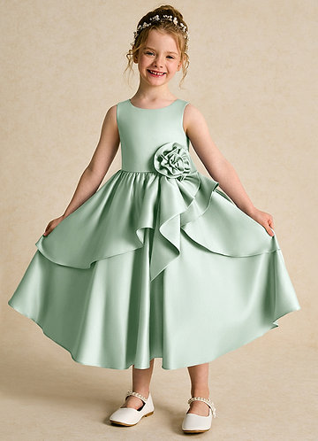Azazie Hermia Flower Girl Dresses Agave A-Line Sleeveless Matte Satin Dress image1 0