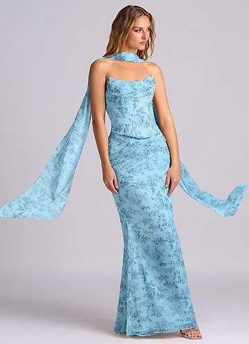 Azazie Sorrel Bridesmaid Dresses Vestido Floral Samambaia Azul de Chiffon de sereia com Espartilho image1