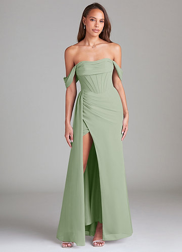 Azazie Amyra Robes Demoiselle d'honneur Robe Fourreau Convertible en Mousseline de soie Épaule décolletée Vert Sauge image1