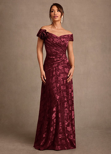 Azazie Bernadette Mother of the Bride Dresses Vestido Cabernet de Esgotamento Floral de Linha A com Fora do ombro image1