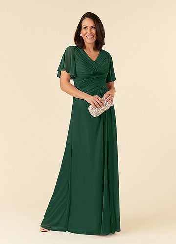 Azazie Emmeline Mother of the Bride Dresses Dark Green A-Line V-Neck Pleated Mesh Dress image1