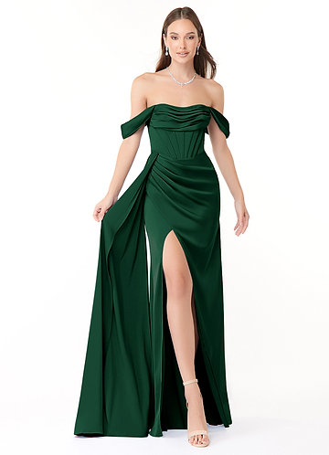 Azazie Amyra Bridesmaid Dresses Dark Green Mermaid Off the Shoulder Stretch Satin Convertible Dress image1