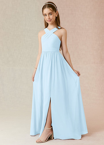 Azazie Jiya Junior Abito A-Line in Chiffon Plissettato Azzurro image1