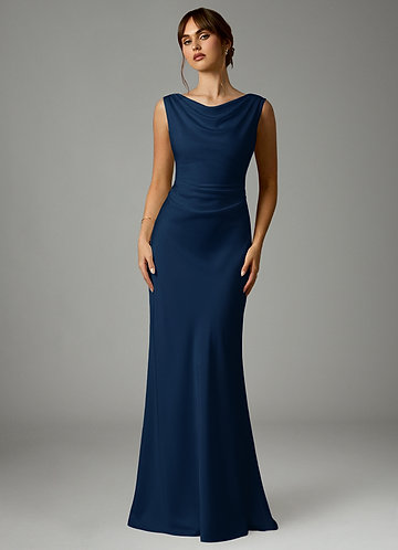 Azazie Kieryn Bridesmaid Dresses Dark Navy Mermaid Pleated Stretch Satin Dress image1