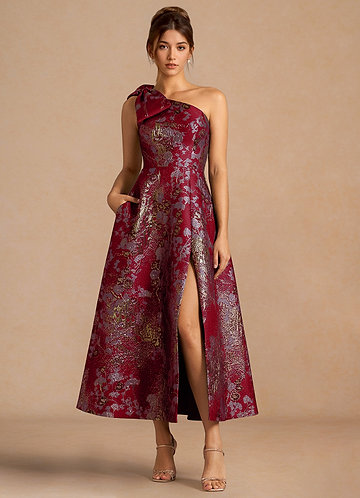 sachin and babi light blue dress Red Satin Midi Dress: V-neck Fit & Flare Party Dress