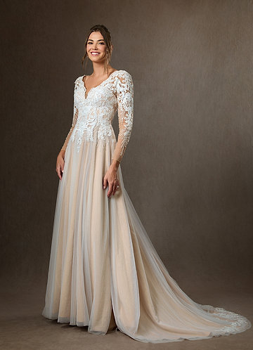 Azazie Essy Wedding Dresses Diamond White Champagne A-Line V-Neck Sequins Tulle Dress image1
